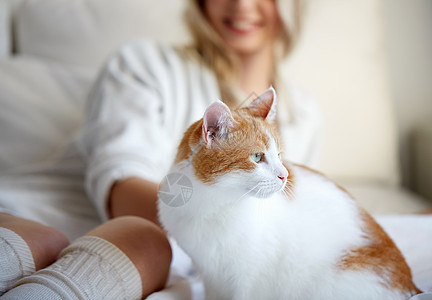宠物,动物人的快乐的轻女人猫床上家图片
