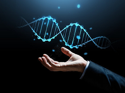 商业,科学,遗传学人的密切的商人与DNA分子投影黑暗的背景用DNA分子商人的手图片