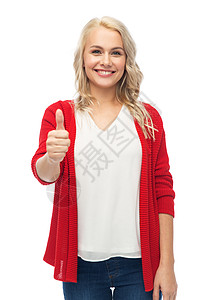 红色大拇指手势,时尚,肖像人们的快乐的微笑轻女子穿着红色开衫,竖大拇指超过白色快乐微笑的轻女人竖大拇指快乐微笑的背景