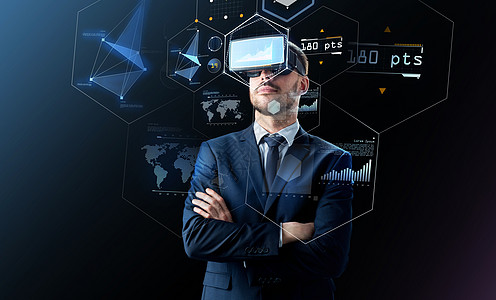 商业,人未来的技术商人耳机黑色背景与虚拟屏幕商人虚拟现实耳机黑色图片