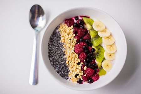 健康饮食,食物饮食碗带水果种子的酸奶碗带水果种子的酸奶背景图片