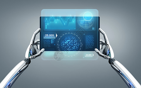 科学未来技术机器人手平板电脑与图表投影灰色背景机器人手与平板电脑灰色背景图片
