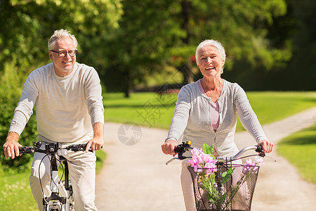 积极的老,人生活方式的快乐的老夫妇骑自行车夏季公园快乐的老夫妇夏季公园骑自行车图片