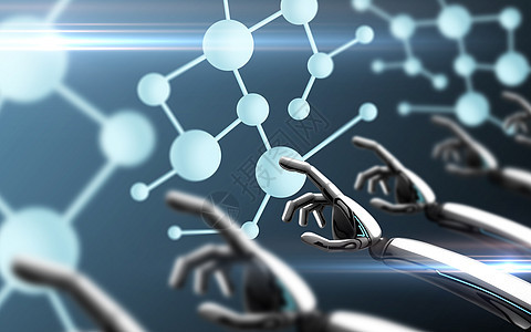 科学,未来技术进步机器人手触摸分子公式蓝色背景机器人手触摸分子公式背景图片