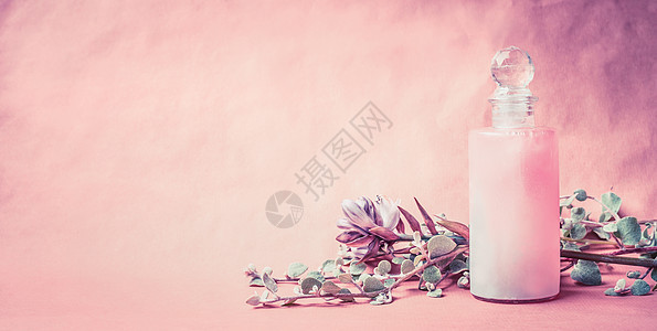 天然化妆品瓶与草药花卉粉红色背景,正视图,横幅,文字的地方健康的皮肤身体护理美容,健康治疗的图片