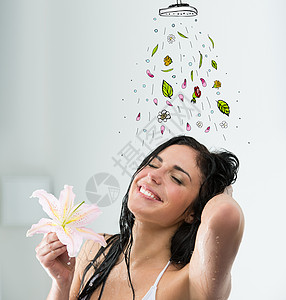 漂亮的女孩洗了个新澡画出的淋浴,树叶花落她身上真正的茶点图片