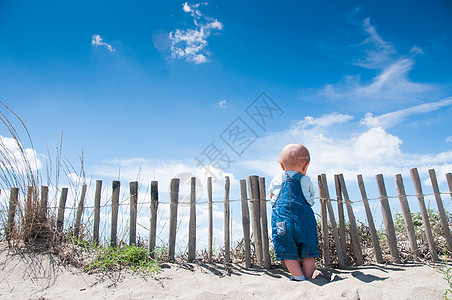 蹒跚学步的孩子抓住海滩上的篱笆图片