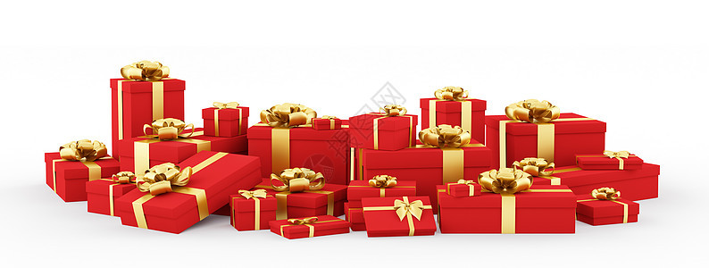 红色诞礼品盒,礼物与金结丝带隔离三维渲染图片