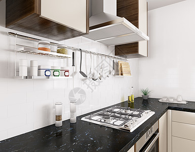 现代厨房,黑色花岗岩柜台,煤气炉,罩,器皿,室内三维渲染图片