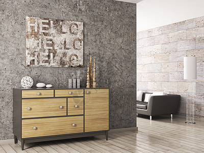 家具衣柜客厅内部与木柜靠混凝土墙三维渲染背景