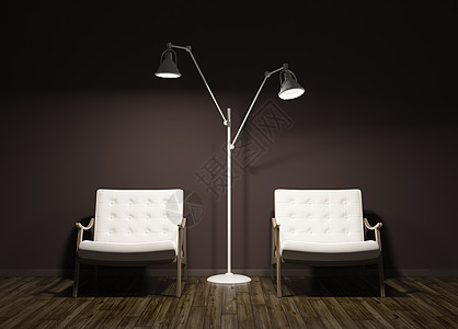 现代晚间室内客厅与两个白色扶手椅落地灯棕色墙壁3D渲染图片