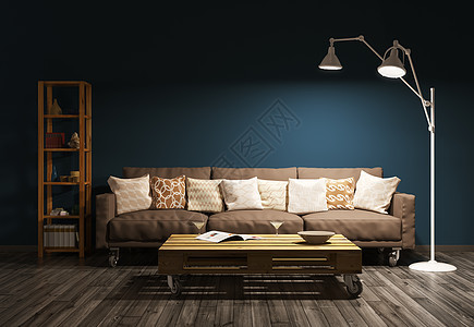现代晚间客厅内部沙发,落地灯靠棕色墙壁3D渲染图片