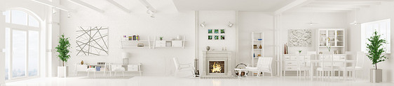 白色公寓内部,客厅,餐厅,带壁炉的休息区,全景3D渲染图片