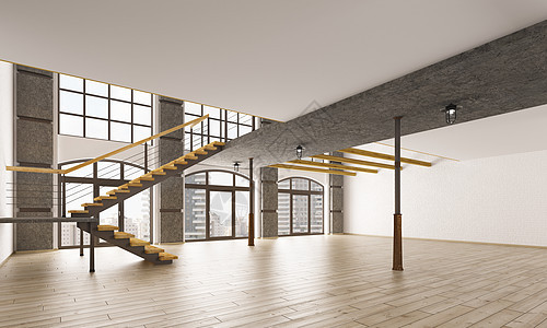 现代阁楼公寓三维渲染的空置内部图片