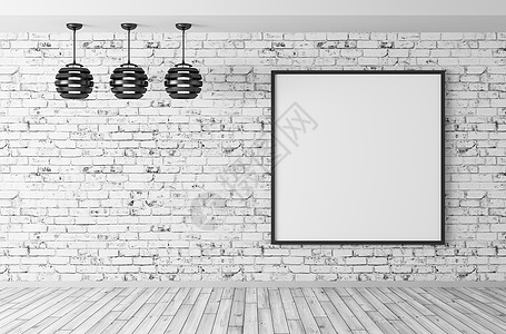 黑色灯具大海报房间与砖墙硬木地板内部背景3D渲染图片