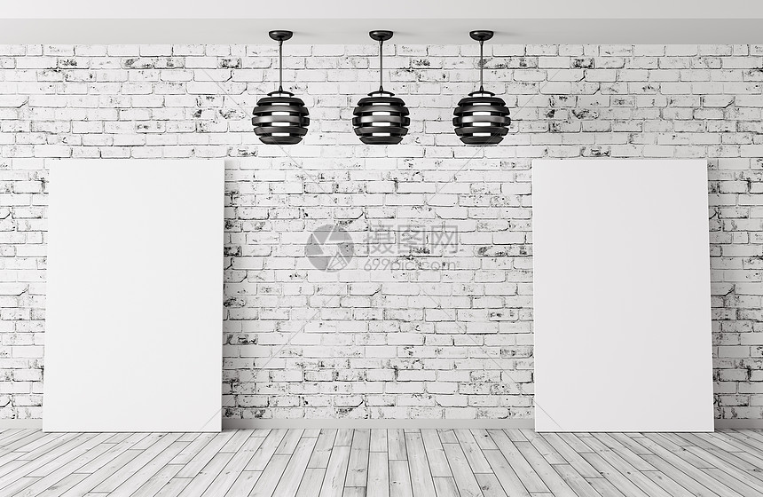 三盏灯两张海报房间与砖墙木地板内部背景三维渲染图片