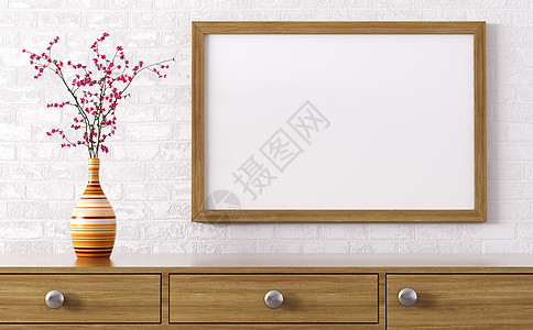 梳妆台上方的空白木框,花瓶内部装饰背景3D渲染背景图片