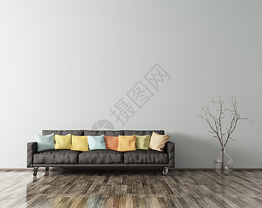 现代室内客厅与黑色沙发,五彩垫花瓶与三维渲染图片