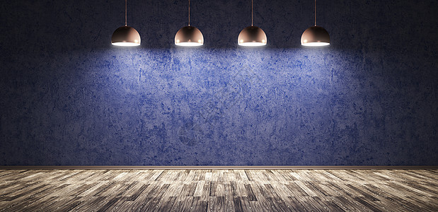 内部背景室,蓝色混凝土墙,木地板四个铜灯三维渲染图片