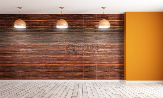 空的内部背景,房间棕色木板墙橙色角落,三盏灯3D渲染图片