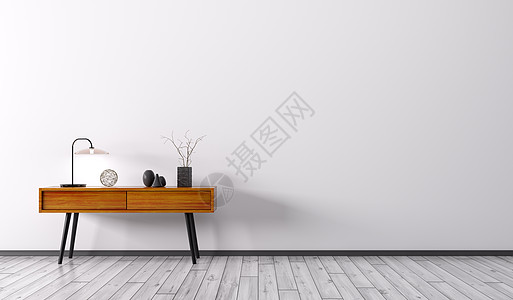 客厅内部背景与木制侧桌以上白色墙壁3D渲染图片