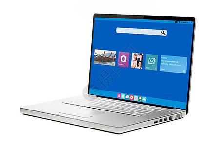 现代笔记本电脑与UI现代平接口笔记本电脑上隔离白色背景上图片