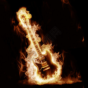 电子吉他笼罩着黑色背景上的火焰图片