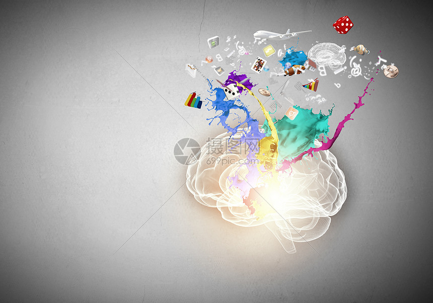 创造思维彩色飞溅中人脑的图像图片