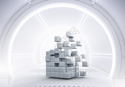 未来派房间里的立方体三维插图立方体现代技术的建筑图片