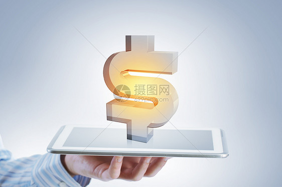 平板电脑屏幕上的美元符号商人持平板电脑,投影屏幕美元标志上图片