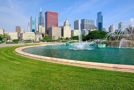 早上芝加哥天际线白金汉喷泉没品牌名称版权象图片