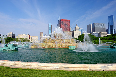 城市道路景观早上芝加哥天际线白金汉喷泉没品牌名称版权象背景