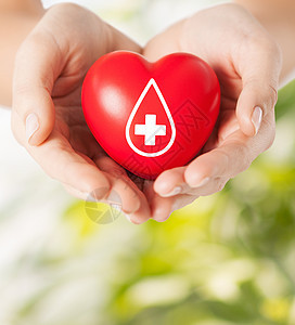 医疗保健医药献血女手握红色心脏,绿色的自然背景下带供体标志图片