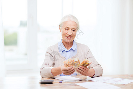 商业,储蓄,金保险,龄人的快乐的老妇女与计算器账单计数欧元家里图片