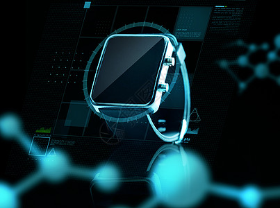 现代技术,科学,生物学物体黑色智能手表的虚拟屏幕分子投影图片