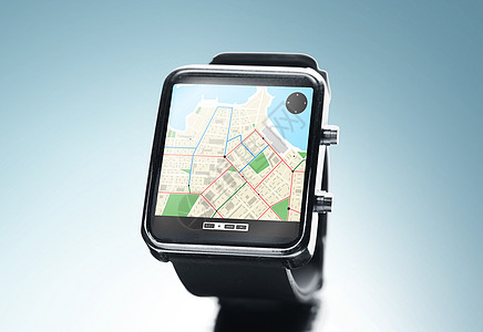 现代技术,象,应用导航黑色智能手表与GPS路线图屏幕上的蓝色背景图片