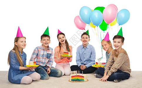 生日庆祝童,假期,庆祝,友谊人的快乐的微笑孩子戴着生日蛋糕气球的派帽背景