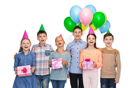 童,假期,友谊人的快乐的微笑孩子戴着派帽,生日礼物气球图片