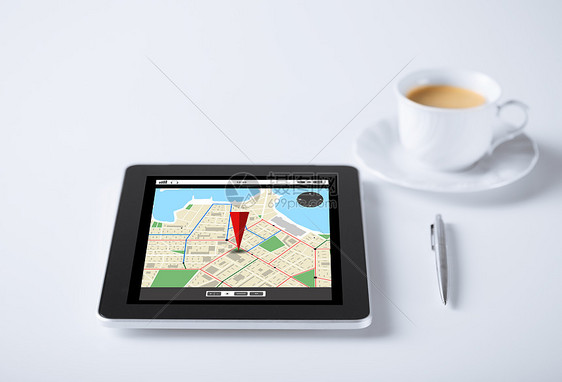 商业,导航,位置技术平板电脑与GPS导航咖啡图片