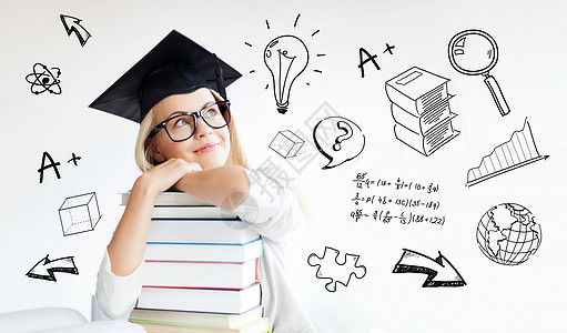 教育,学校,毕业人的快乐的学生女孩妇女毕业帽与叠书超过涂鸦图片