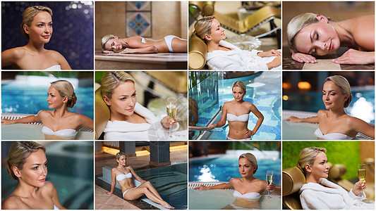 美丽,水疗,健康的生活方式美丽的轻女豪华水疗中心与吊床桑游泳池放松图片
