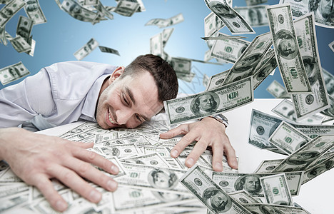 商业,人,成功财富的快乐的商人,大量的美元金钱蓝色的背景图片