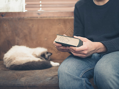 故事与猫素材个轻人只睡猫坐沙发上,手里着本绿色的大书背景