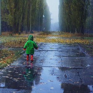 内向羞怯蹒跚学步的孩子秋雨公园跑步背景