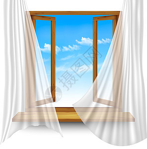 木制窗框,窗帘透明的背景上矢量图片