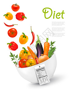 番茄矢量营养标签的碗里的水果饮食矢量插图背景