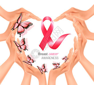 手个心形与粉红色乳腺癌意识丝带矢量图片