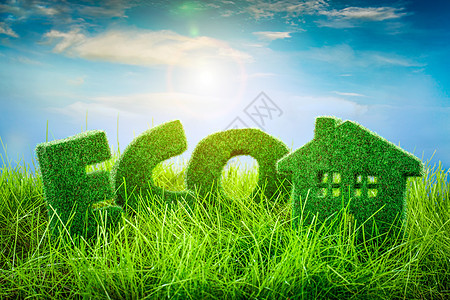 字母蓝色背景的小房子绿草上生态图片