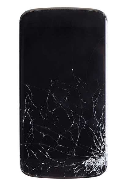 现代智能手机个角落裂缝的屏幕,隔离白色背景上图片