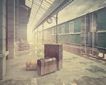 复古火车站上的雾复古颜色风格的3D图片